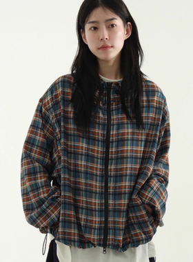 韩国代购25S/S clean texture check hood zip-up格子连帽外套
