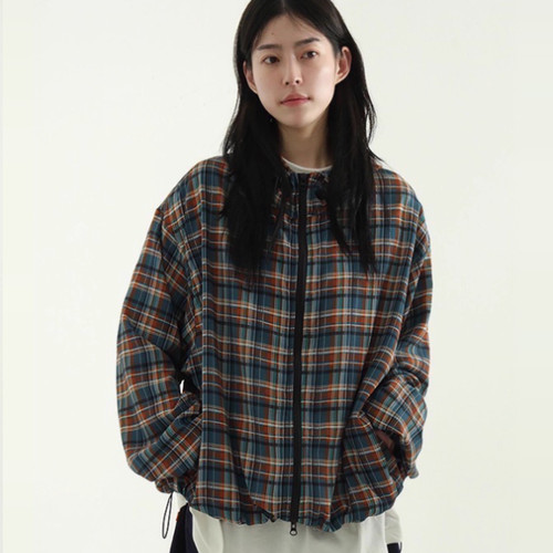 韩国代购设计师格子连帽外套宽松