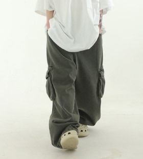 韩国代购23S/S charcoal cargo denim banding pants工装牛仔裤