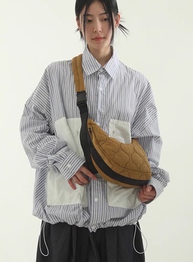 韩国代购23F/W big pocket string shirt 设计师拼接口袋条纹衬衫