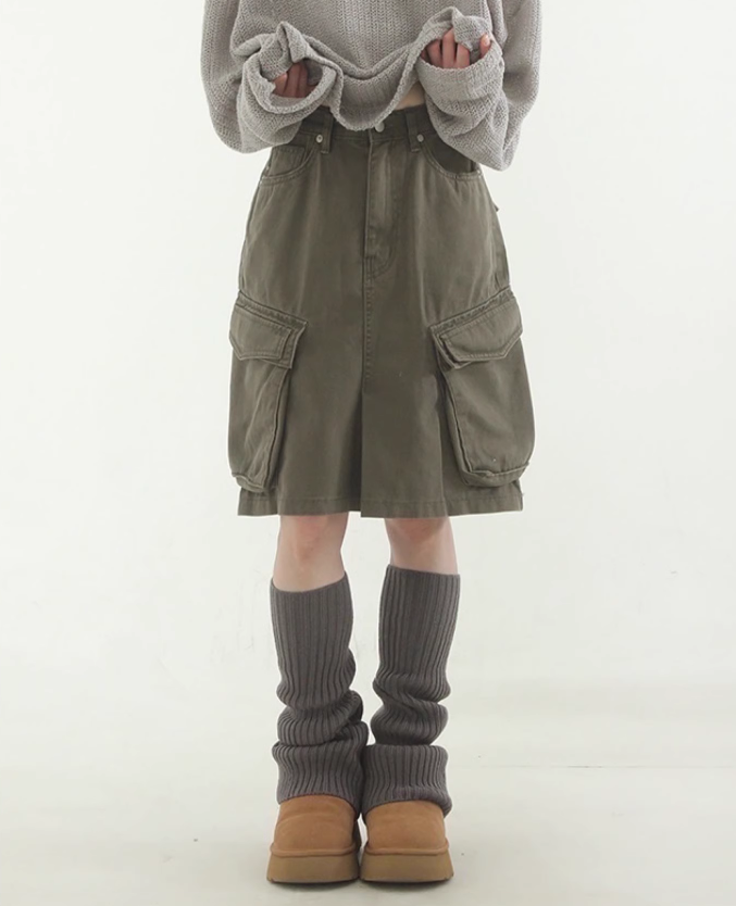 韩国代购23 khaki cargo pocket cotton midi skirt 卡其绿工装裙