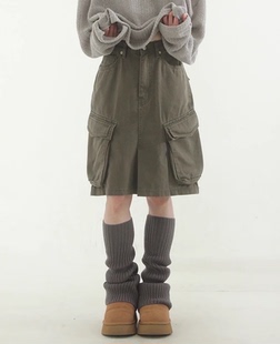 韩国代购 cotton 卡其绿工装 裙 pocket skirt cargo khaki midi
