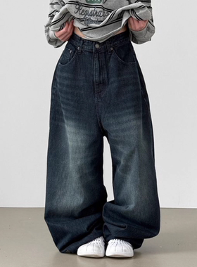 韩国代购25 dark blue washed mega wide jean 深蓝色磨白牛仔裤