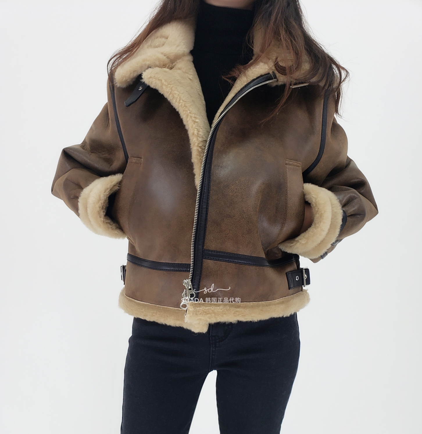 韩国代购19 CROP MUSTANG JACKET人造皮毛一体短款皮夹克 女款
