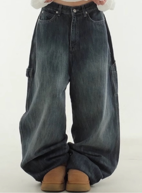 韩国代购24F/W dark blue carpenter wide jean 深蓝木工牛仔裤