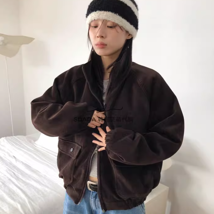 韩国代购25F/W VELVET SHEARLING JACKET 绒面拉链夹克外套