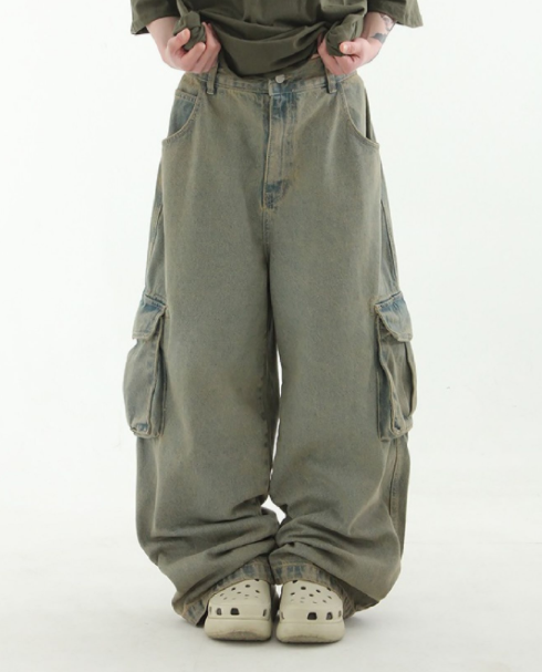 韩国代购23A/W vintage khaki cargo denim banding pants 牛仔裤