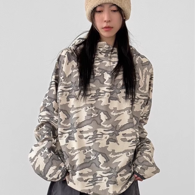 韩国代购设计师迷彩帽衫上衣
