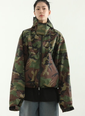 韩国代购23A/W camo pattern paper hood jacket防风迷彩连帽夹克