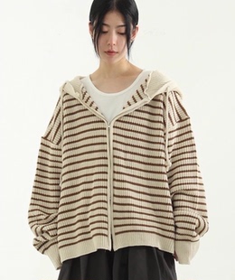 hand warmer up条纹针织拉链帽衫 23F zip hood 韩国代购 stripe
