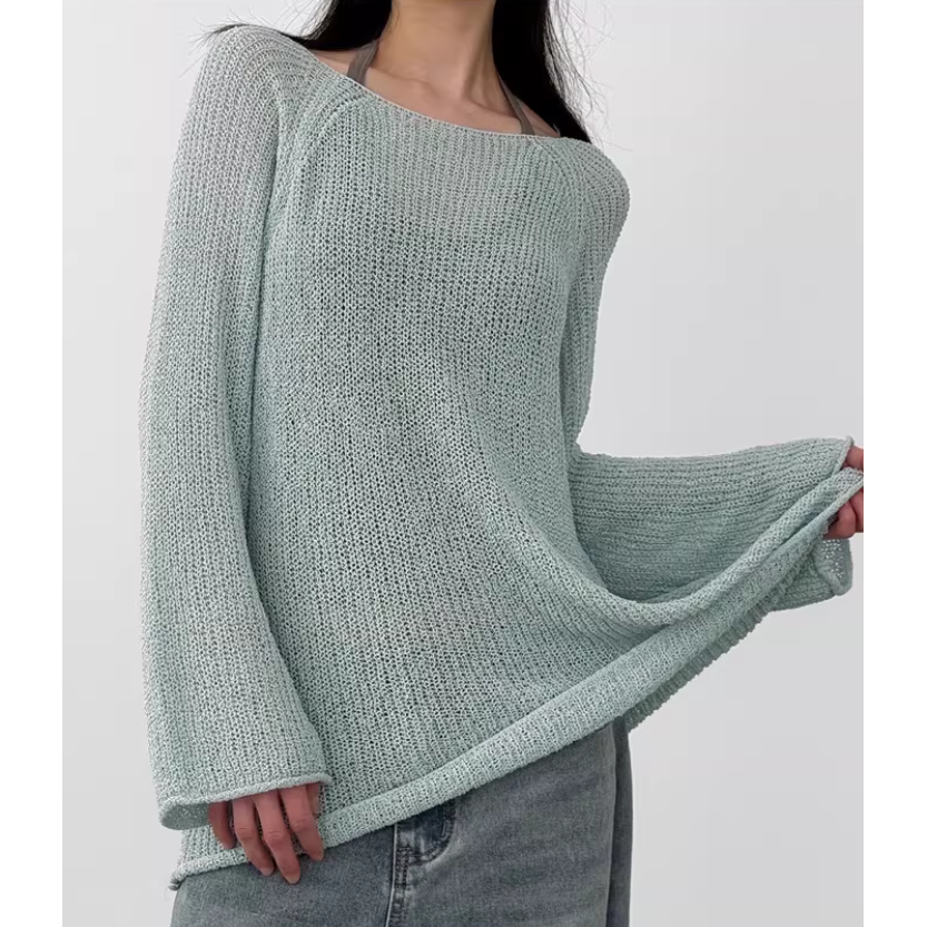韩国代购26A/W loose fit bouckle raglan knit 宽松半透针织衫