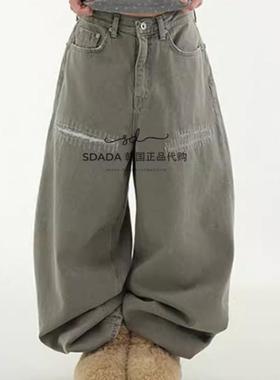 韩国代购25A/W zigzag stitch cement wide jean 设计师休闲裤