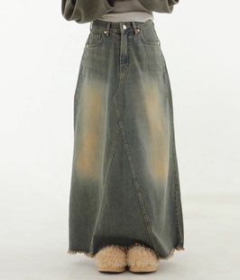韩国代购24A/W sandy washed fringe denim long skirt做旧牛仔裙