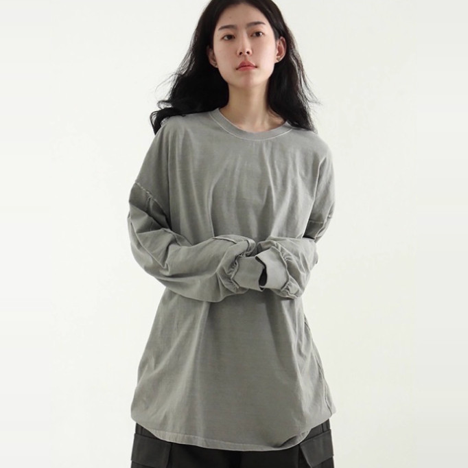 韩国代购25 section sleeve pigmented cotton tee外扎线水洗长袖