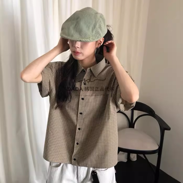 韩国代购格子短袖衬衫上衣