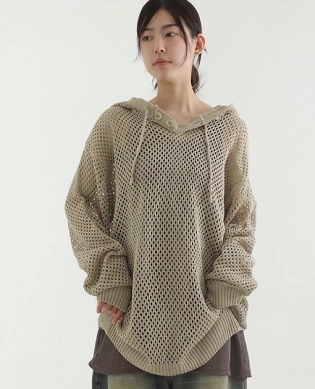 韩国代购23S/S oversize punching knit hoody  网眼针织帽衫