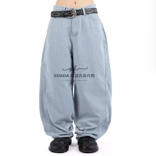 韩国代购竖纹拼接水洗牛仔裤