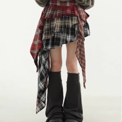 不规则混色格子裙子韩国代购