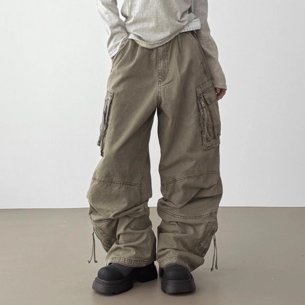 韩国代购25 dyed cotton multi pocket pants做旧立体口袋工装裤