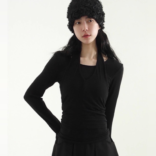 韩国代购25S/S halter neck layered tee 吊带背心长袖组合上衣
