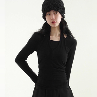 韩国代购25S/S halter neck layered tee 吊带背心长袖组合上衣