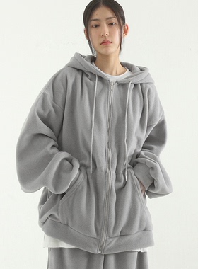 韩国代购21F/W oversize fleece hood zip-up摇粒绒拉链帽衫 男女