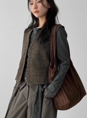 韩国代购25F/W suede sqaure shoulder bag 抽绳单肩包挎包