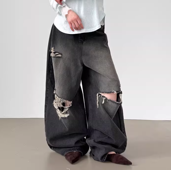 韩国代购26S/S damage washed wide jean 夸张破洞水洗宽松牛仔裤