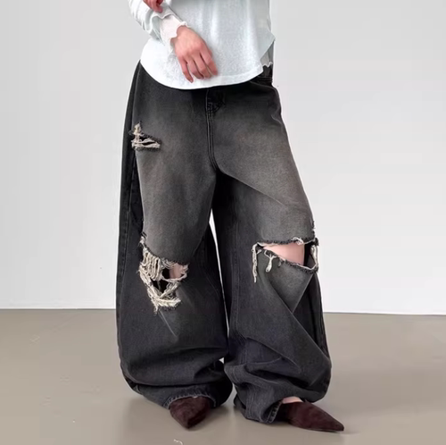 韩国代购26S/S damage washed wide jean 夸张破洞水洗宽松牛仔裤