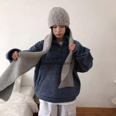 韩国代购秋冬摇粒绒条纹帽衫外套