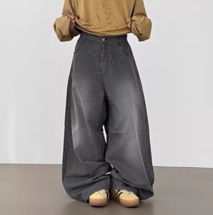 denim stripe balloon banding 韩国代购 pants竖纹水洗牛仔裤