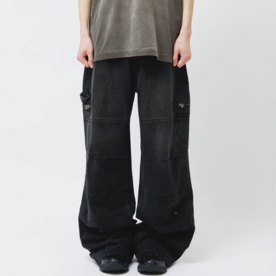 韩国代购设计师拉链口袋工装裤