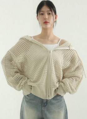 韩国代购22S/S hand warmer netting hood zip-up 针织网眼帽衫