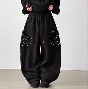 韩国代购26A/W circle stud wide banding pants 设计师铆钉卫裤