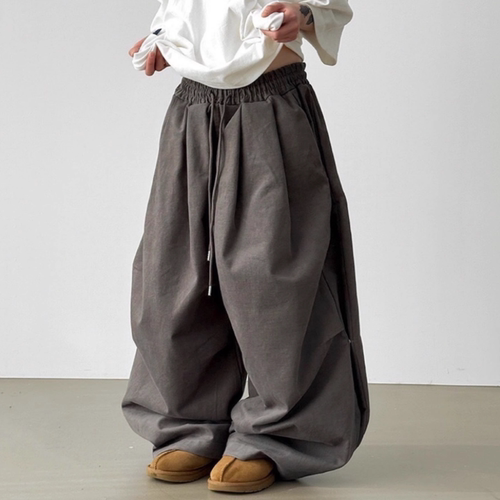 韩国代购设计师宽松捏褶系扣长裤