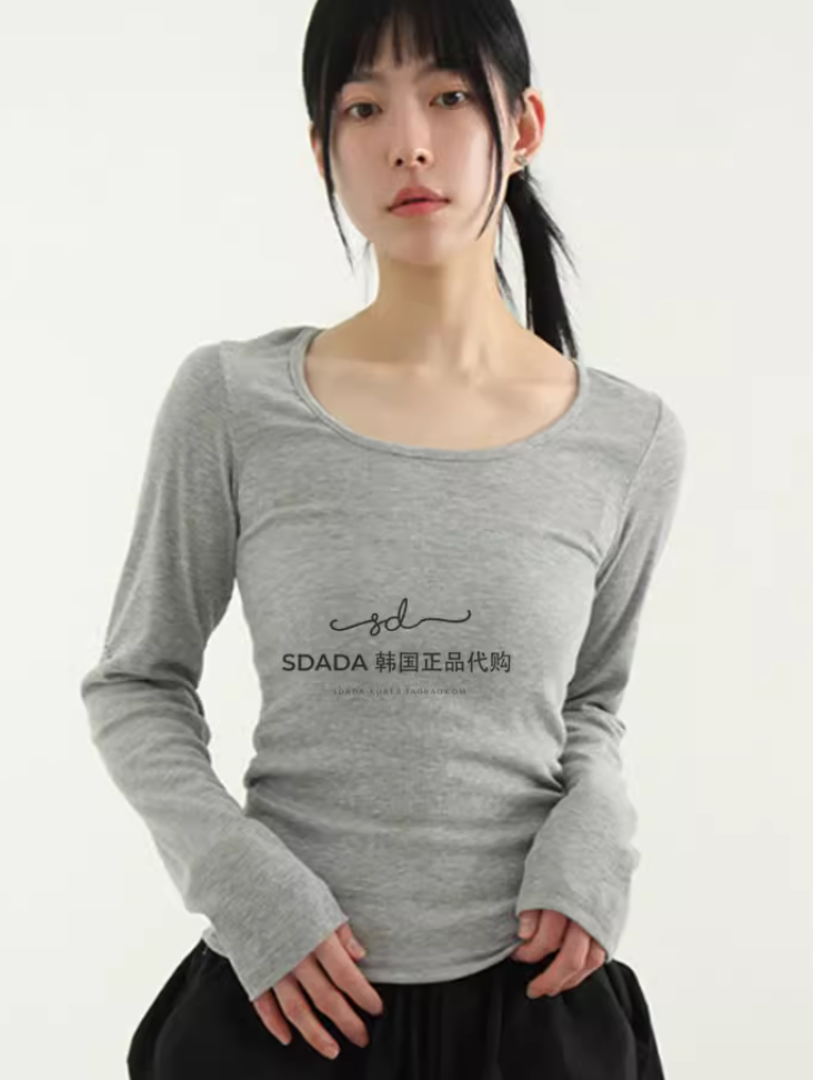 长袖纯色圆领韩国代购T恤