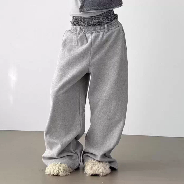 韩国代购设计师假两层加绒卫裤