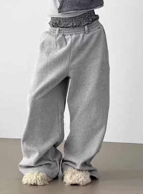 韩国代购25 back ribbon double waist wide banding pants卫裤