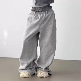 ribbon double pants卫裤 banding back wide 韩国代购 waist