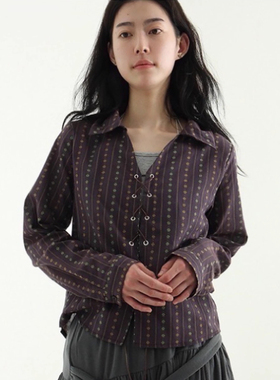 韩国代购25A/W ethnic eyelet cropped shirt 花纹系带长袖衬衫