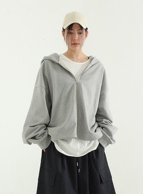 韩国代购21S/S heavy 2way cropped hood zip-up棉质短款拉链帽衫