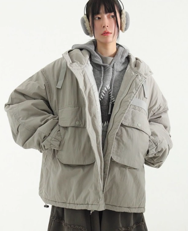 韩国代购23F/W cargo pocket hood padding jumper 工装连帽棉服