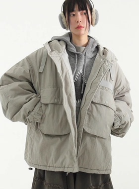 韩国代购23F/W cargo pocket hood padding jumper 工装连帽棉服