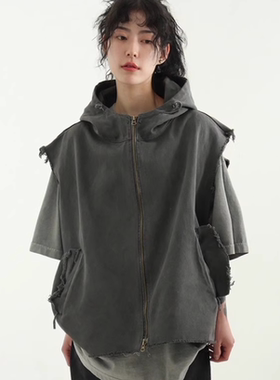 韩国代购24S/S cut off pigmented cotton hood vest裁剪连帽马甲