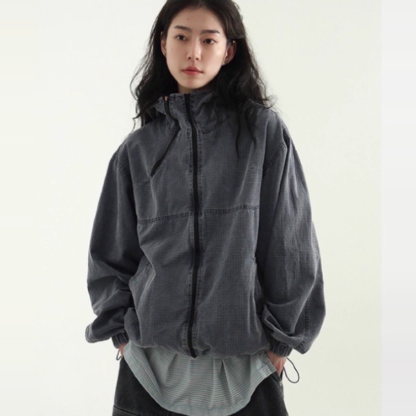 韩国代购25 grid pattern pigmented hood zip-up jacket拉链帽衫