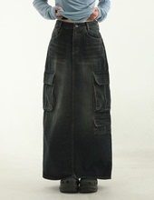 韩国代购23F/W deep brushed cargo denim long skirt 工装牛仔裙