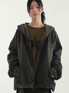 hood zip denim jacket 韓國代購 做舊連帽牛仔夾克 retro