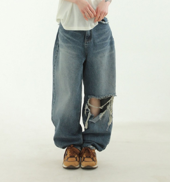 韩国代购23A/W cutting damage washed jean 夸张破洞宽松牛仔裤