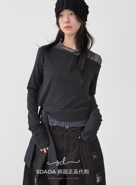 韩国代购25F/W boat neck strap cropped tee落肩侧边飘带长袖T恤
