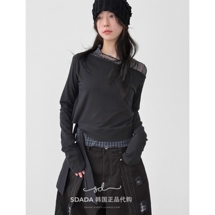 韩国代购25F/W boat neck strap cropped tee落肩侧边飘带长袖T恤